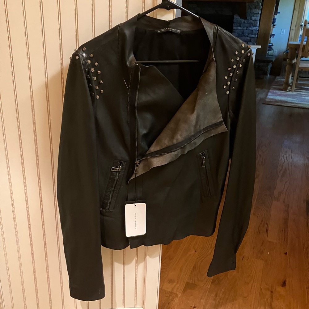 Zara Black Leather Jacket with Studded Accents NWT